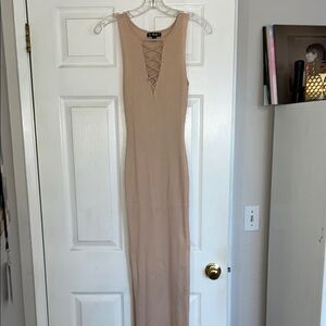 Say What? Tan Bodycon Maxi Dress Plunge Sleeveless